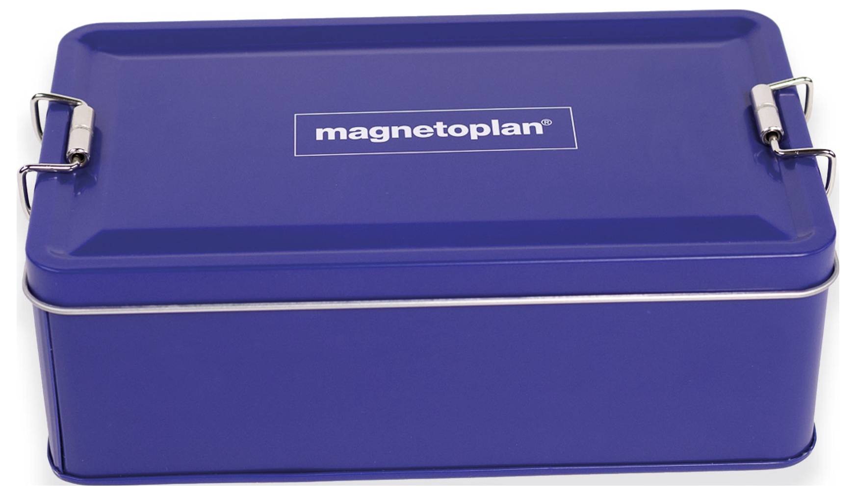 Niebieski metalowy pojemnik na lunch z bocznym zamkami i logiem „magnetoplan" na wieczku.
