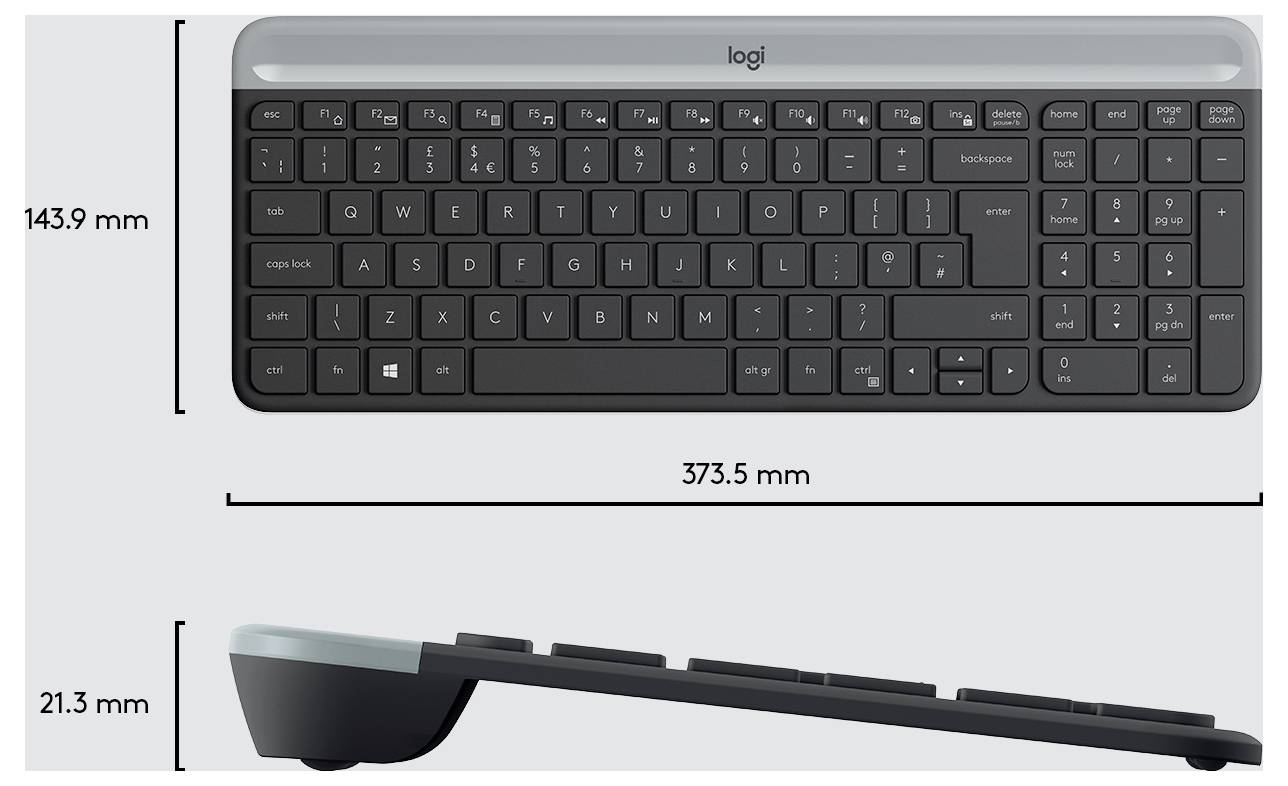 Widoki z góry i z boku klawiatury Logitech pokazujące jej wymiary: szerokość 373,5 mm i wysokość 143,9 mm, z grubością profilu 21,3 mm.