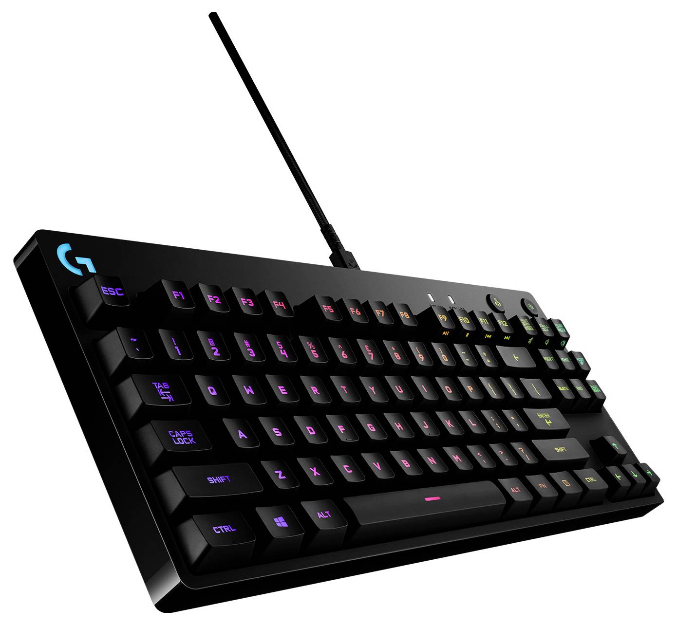 Czarna mechaniczna klawiatura gamingowa RGB z kablem USB, pokazana pod kątem na białym tle.