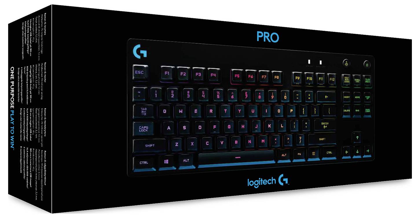 Mechaniczna klawiatura gamingowa Logitech G Pro RGB w czarnym opakowaniu detalicznym z niebieskim brandingiem „PRO" i logiem Logitech G.