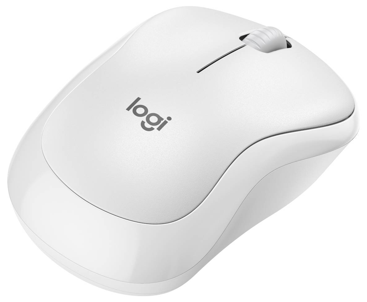 Biała bezprzewodowa myszka komputerowa Logitech z kółkiem przewijania i wycentrowanym logo "logi" pokazana na jednolitym tle.