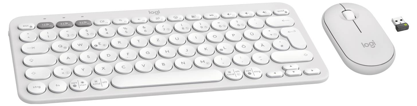 Biała bezprzewodowa klawiatura i mysz Logitech z odbiornikiem USB na białym tle.