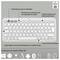 Niemiecki obraz promocyjny białej klawiatury Logitech z etykietami podkreślającymi parowanie wielu urządzeń, klawisze do dostosowania, sterowanie mediami, ciche okrągłe klawisze i zgodność z układem Mac/Windows.