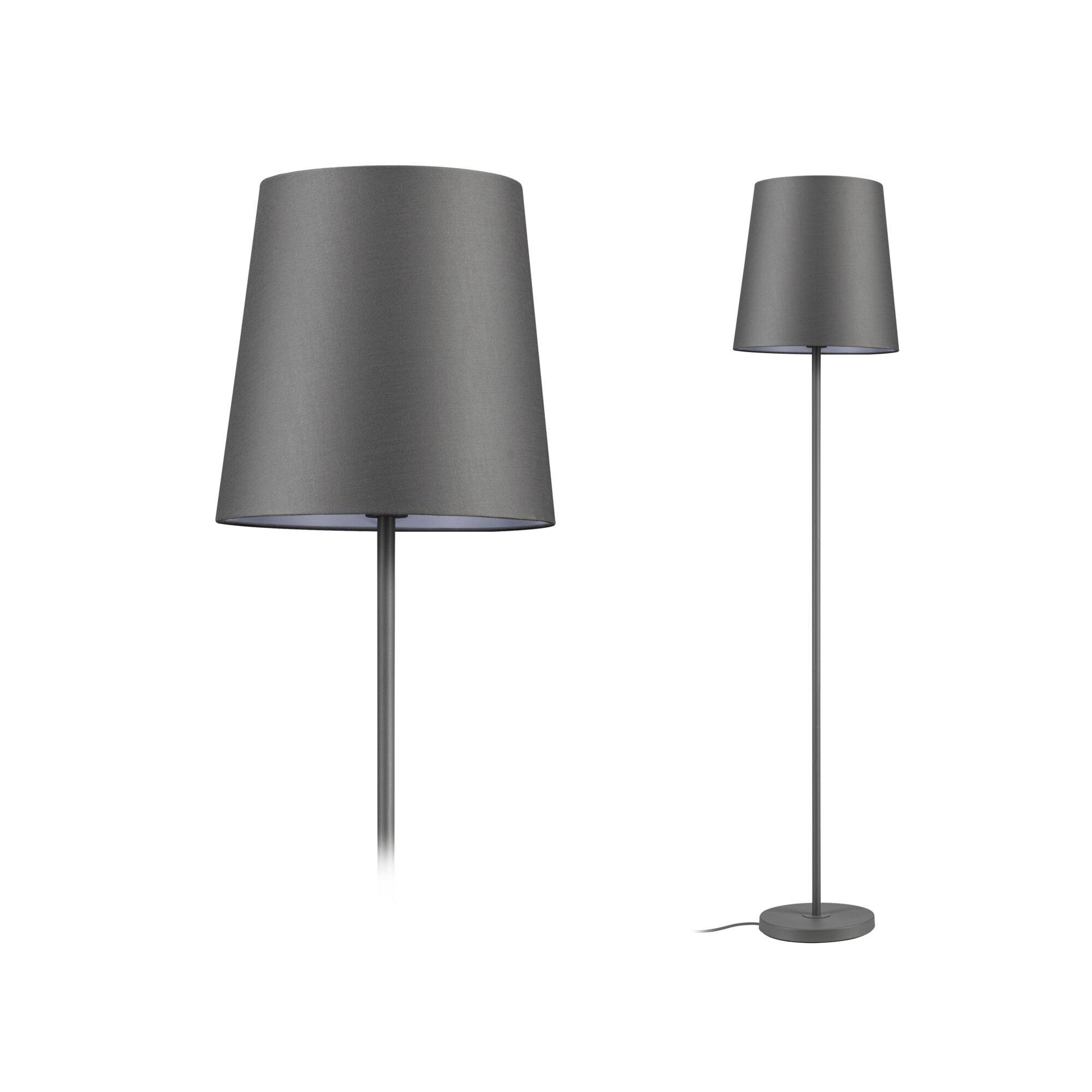 Nowoczesna lampa podłogowa w ciemnym szarym kolorze ze zbieżnym abażurem, pokazana w zbliżeniu i widoku całościowym na białym tle.