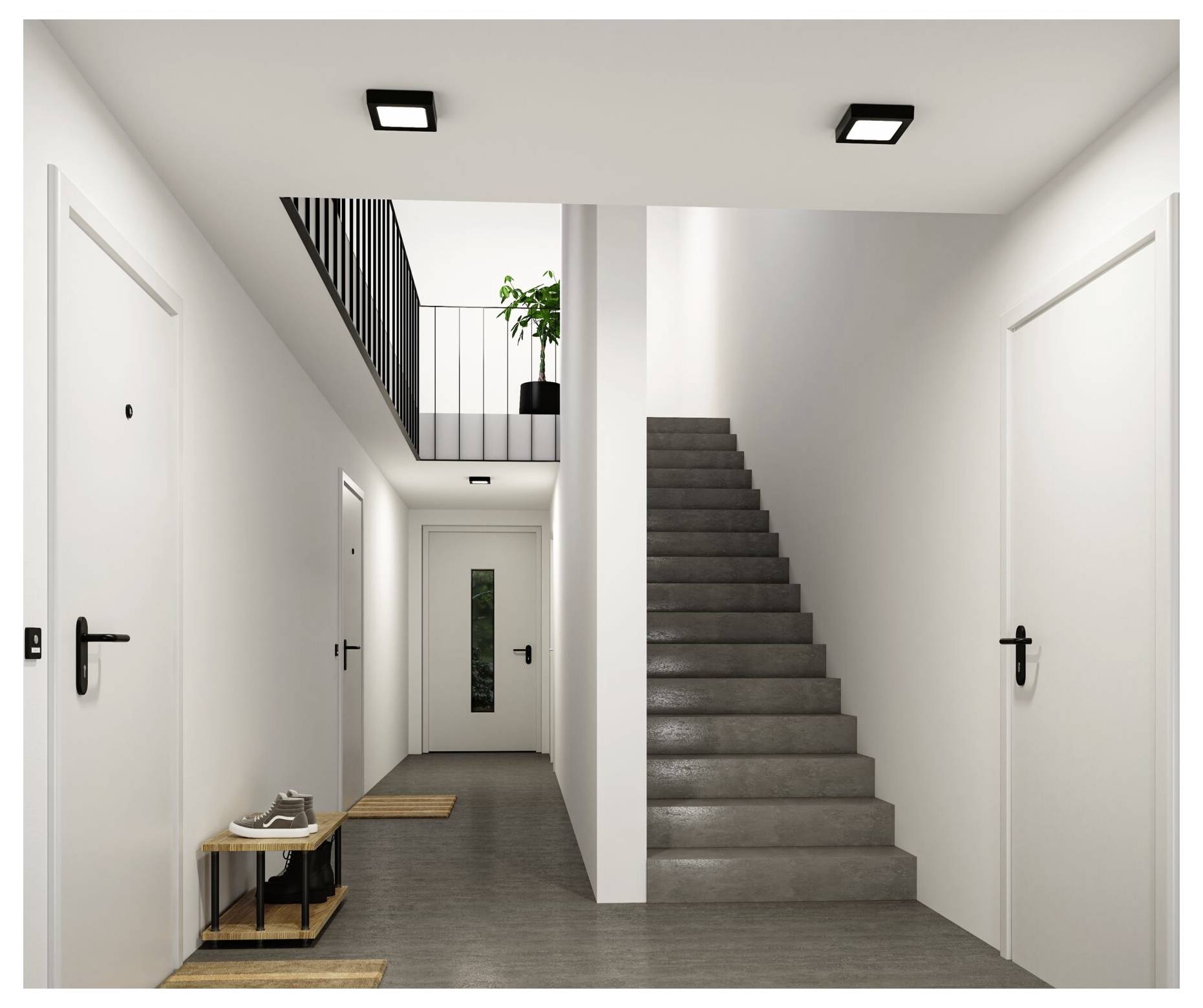 Minimalistyczny nowoczesny hol apartamentowy z białymi drzwiami, szarą podłogą, centralną klatką schodową i górnym balkonem z rośliną w doniczce.