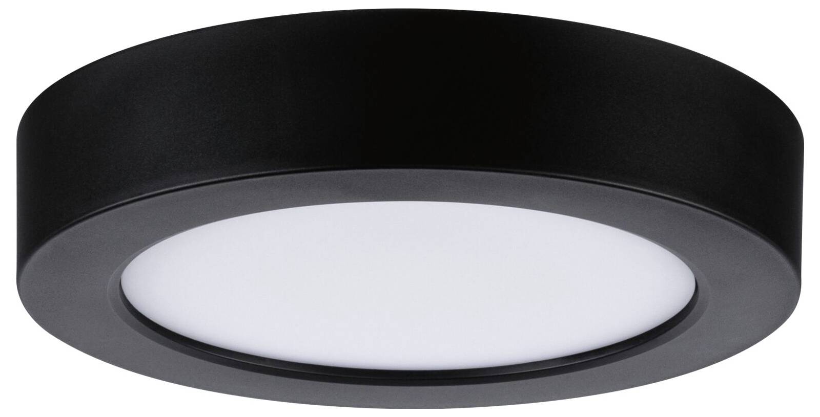 Okrągła czarna lampa sufitowa flush-mount z białym rozpraszaczem, pokazana na zwykłym tle.