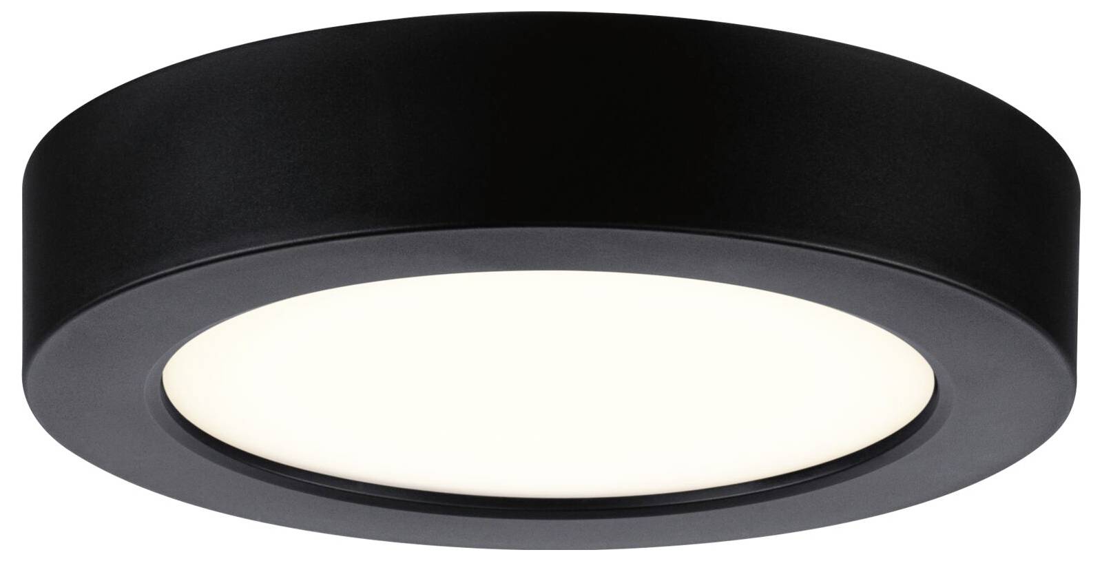 Okrągła czarna lampa sufitowa flush-mount z jasnym białym dyfuzorem.