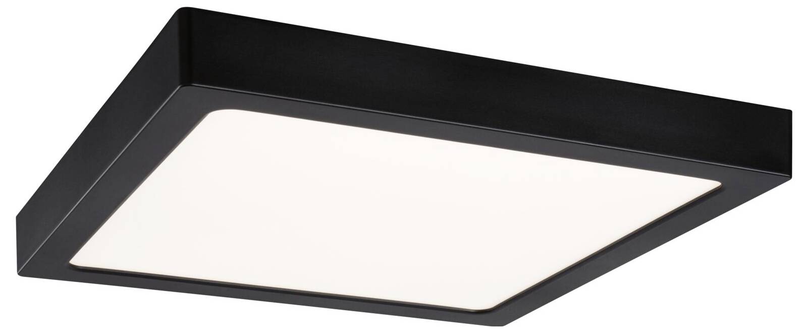 Czarna prostokątna lampa sufitowa wpuszczana w sufit z białym rozproszoným panelem