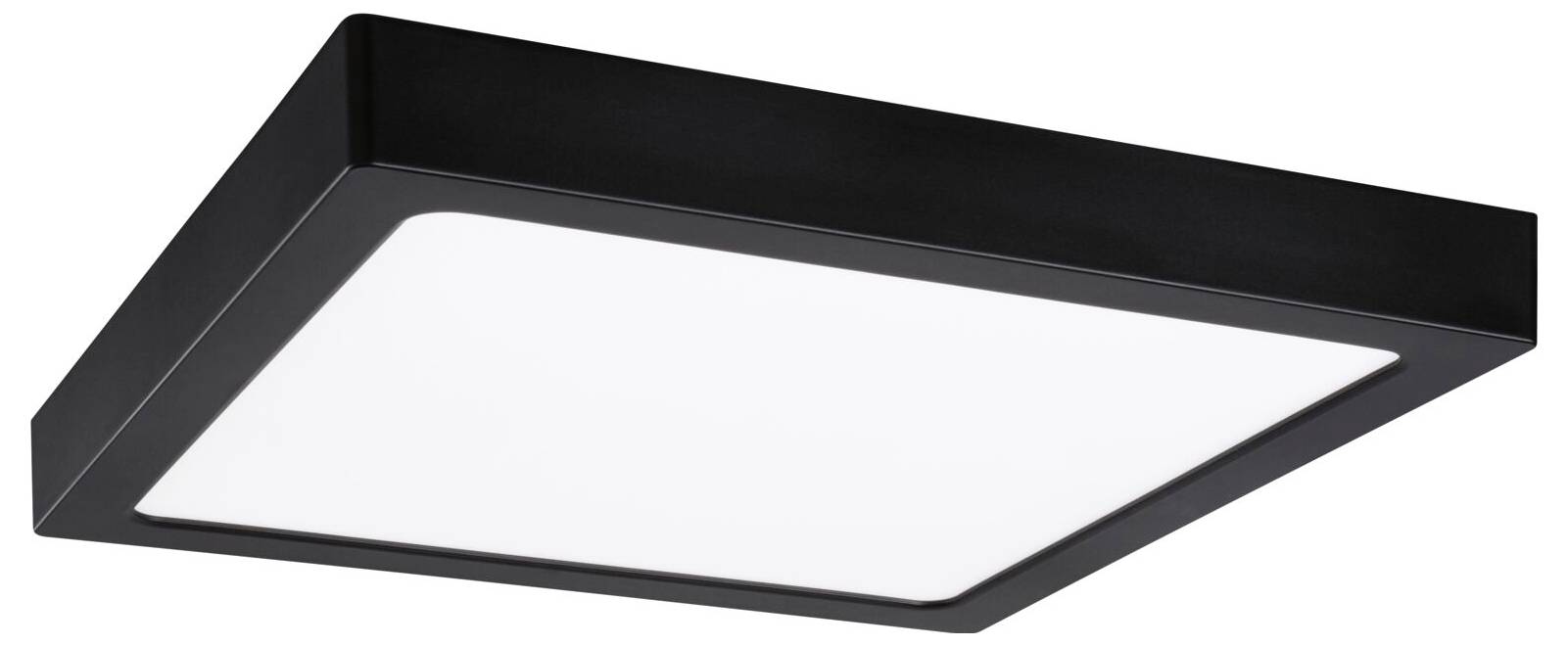 Czarna kwadratowa lampa sufitowa LED z białym panelem rozproszyającym, pokazana z dołu na białym tle.