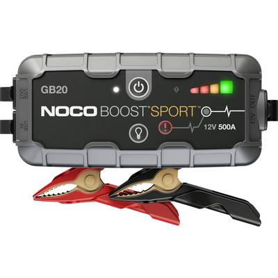 Zestaw urządzenia rozruchowego NOCO Boost Sport GB20 z dwoma zaciskami, czerwonym i czarnym, oznaczony 12V 500A.