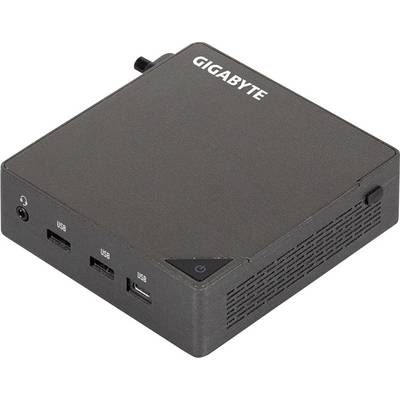Kompaktowy mini PC Gigabyte z przyciskiem zasilania, wejściem audio i trzema portami USB z przodu.