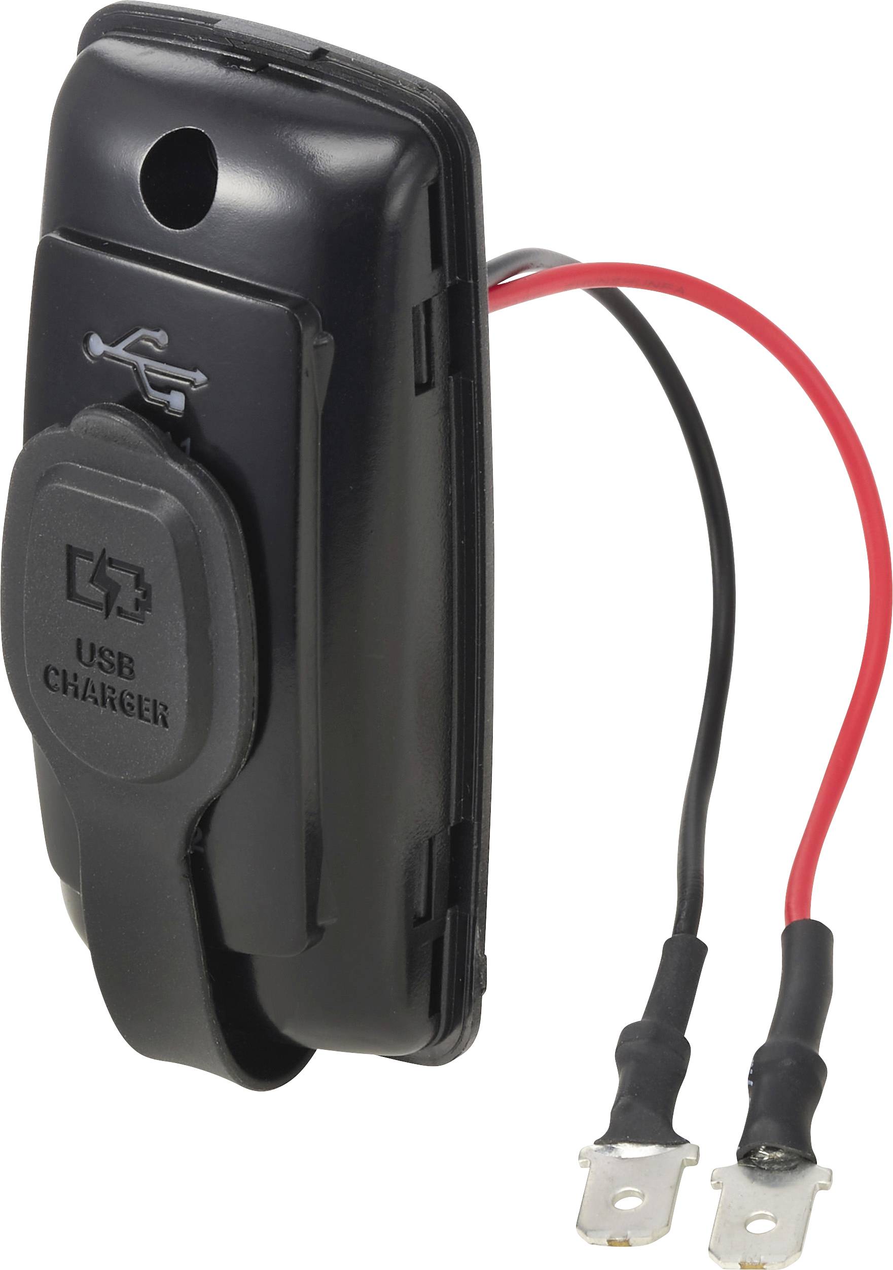Czarny moduł ładowarki USB z czerwonymi i czarnymi zaciskami przewodowymi oraz pokrywą ochronną, pokazany na białym tle.