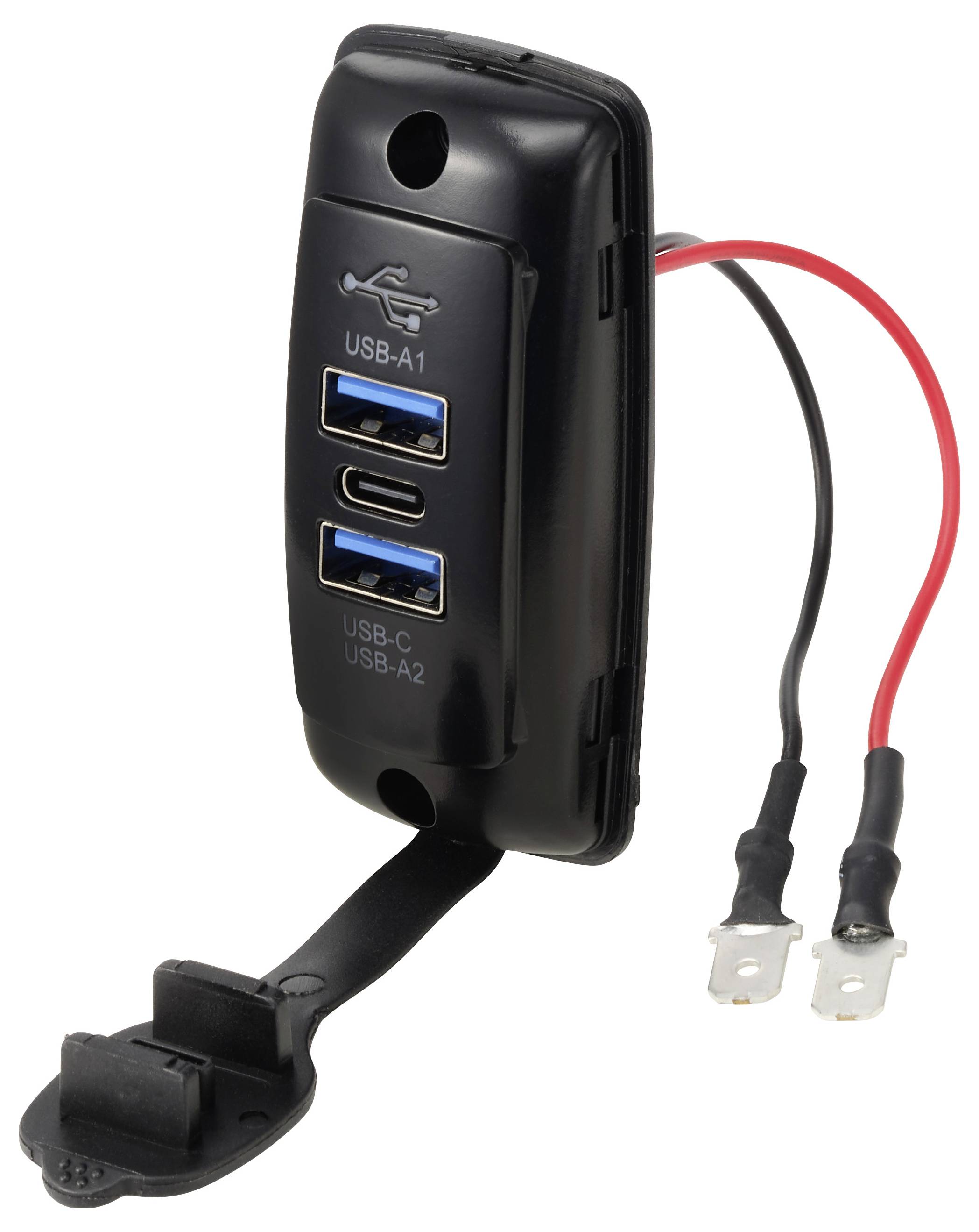 Czarny panel-mount ładownik z dwoma portami USB, dwa niebieskie porty USB-A i jeden port USB-C, plus czerwone i czarne przewody zasilające z końcówkami pierścieniowymi.