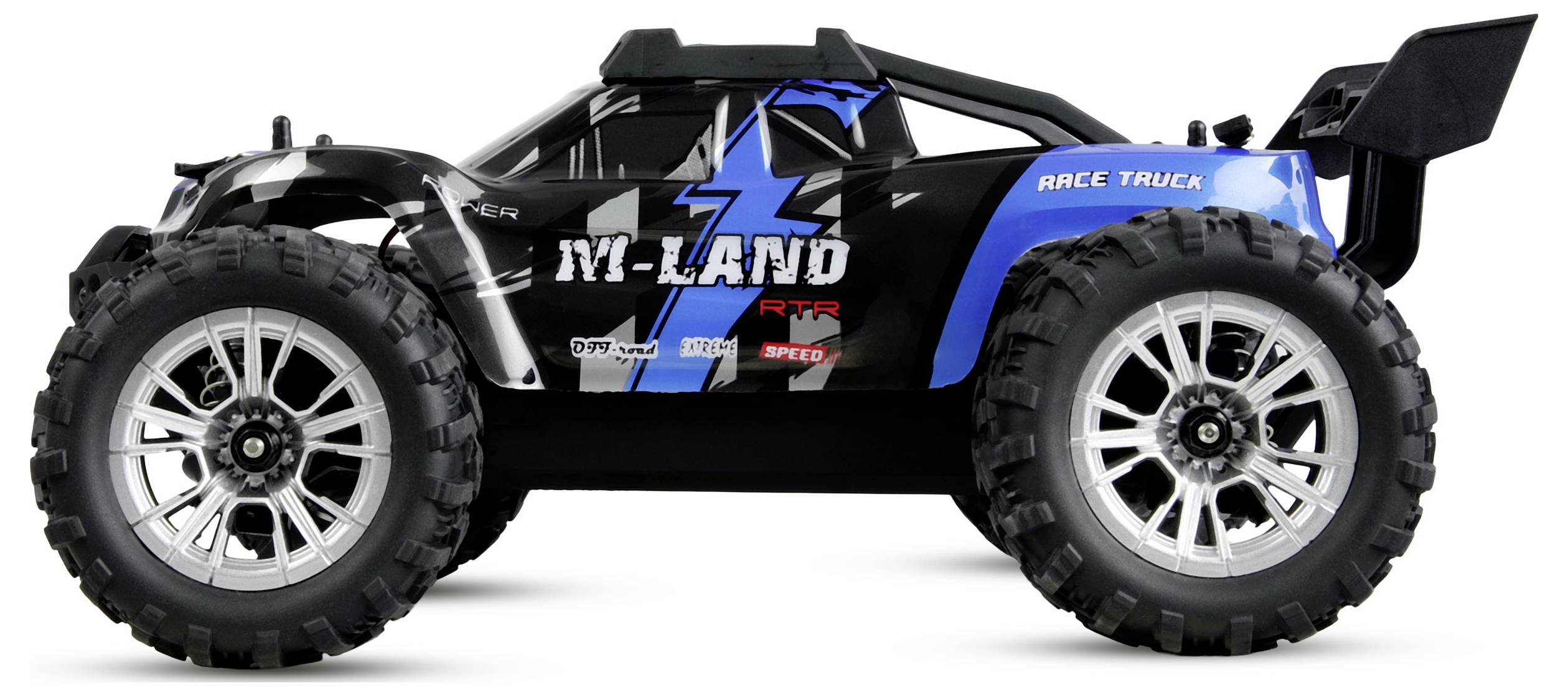 Czarno-niebieski samochód wyścigowy sterowany pilotem z nadmiernie dużymi oponami, oznaczony etykietami „M-LAND" i „RACE TRUCK", pokazany w widoku z boku na białym tle.