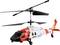 Czerwono-biały helikopter ratunkowy zabawka z czarnymi śmigłami wirnika i kołami lądowania, pokazany w profilu na białym tle.