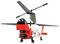 Helikopter ratunkowy zabawka z czerwono-białym kadłubem, czarnymi łopatkami wirnika i podwoziem, pokazany na białym tle.