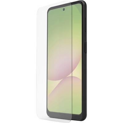 Czarny smartfon pokazany frontem z przezroczystą ochroną ekranu wyrównaną na wyświetlaczu na białym tle.