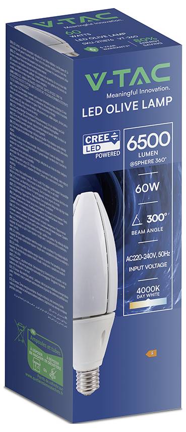Pudełko produktu dla lampy LED VTAC w kolorze oliwkowym, oznaczone "6500 lumenów", "60W", "kąt wiązki 300°", "AC220-240V 50Hz" i "4000K białe światło dzienne".
