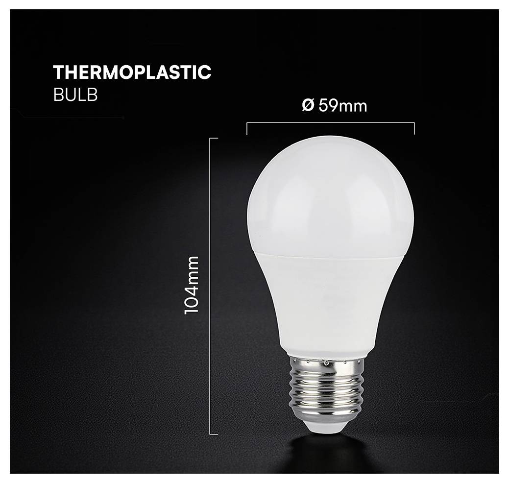 Obraz produktu żarówki termoplastycznej pokazujący białą żarówkę LED o wymiarach: wysokość 104 mm i szerokość 59 mm.