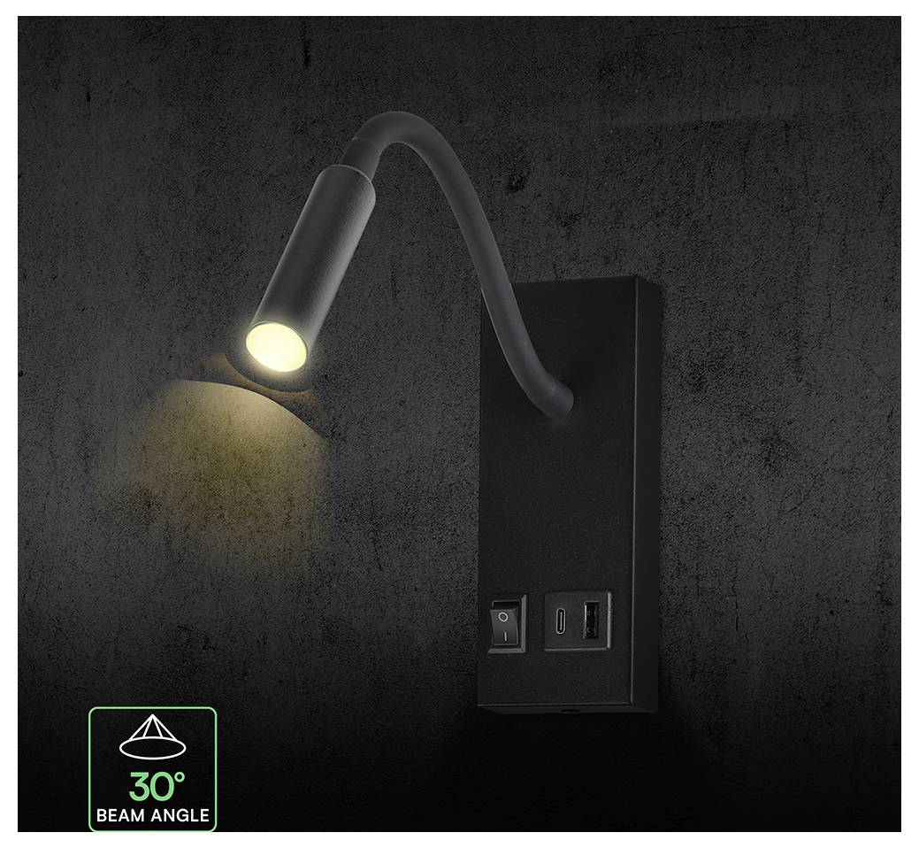 Czarna lampa ścienna LED do czytania z elastyczną szyją i oświetlonym głowicą rzucającą wąskie wiązko światła o kącie 30°.