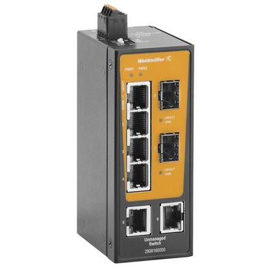 Przełącznik Ethernet niezarządzany firmy Weidmuller z ośmioma portami RJ45 i diodami LED stanu, pokazany jako czarne i pomarańczowe urządzenie sieciowe przemysłowe.