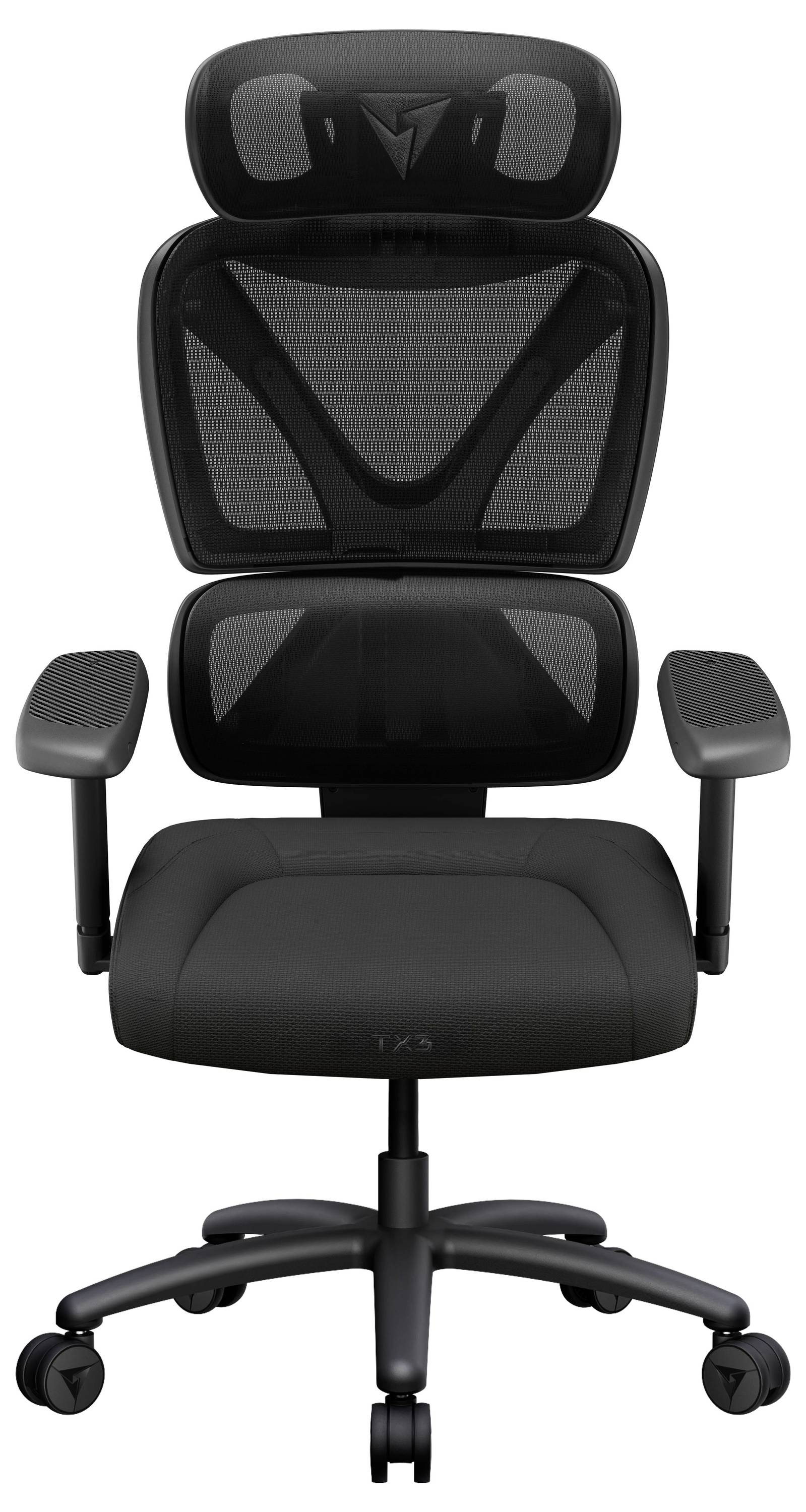 Czarny ergonomiczny fotel biurowy z podголównikiem, pleciami z siatki, tapicerowanym siedziskiem, regulowanymi podłokietnikami i podstawą na kółkach na białym tle