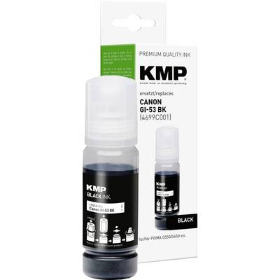 Butelka czarnego tuszu KMP i pudełko do kompatybilnego wkładu napełniającego Canon GI-53 BK, oznaczone tuszem w jakości premium.