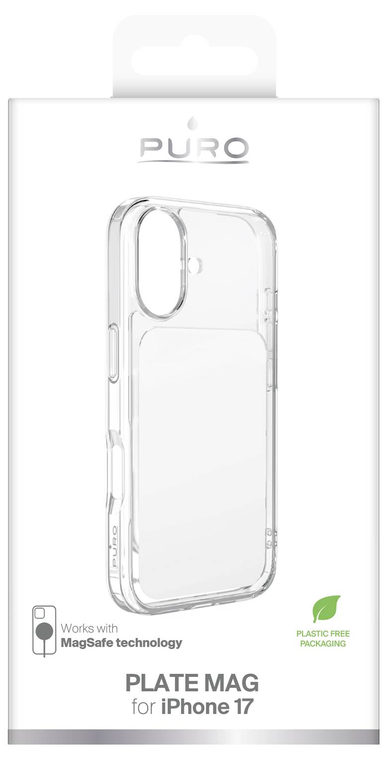 Opakowanie do przezroczystego etui na iPhone'a 17 marki PURO "PLATE MAG", oznaczone jako kompatybilne z technologią MagSafe i opakowaniem wolnym od plastiku.