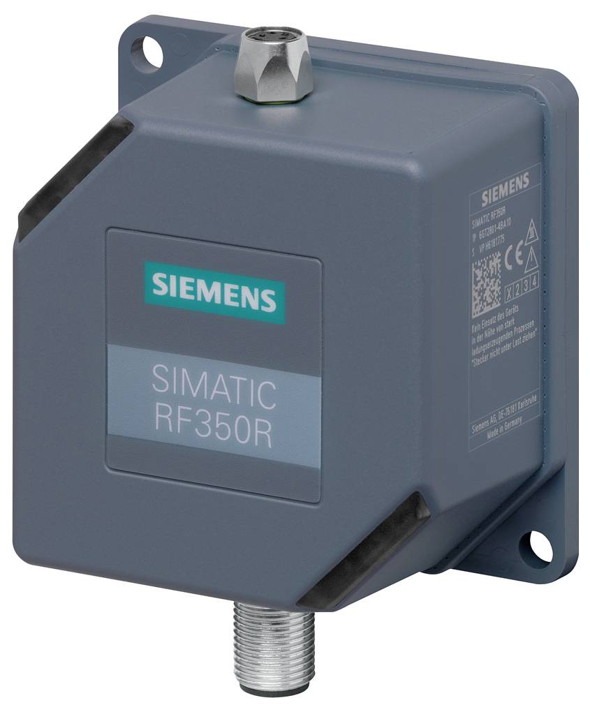 Moduł sensorowy do zastosowań przemysłowych Siemens SIMATIC RF350R z otworami mocującymi i złączem gwintowanym.