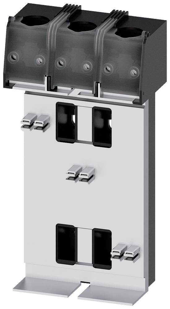 Trójbiegunowy wyłącznik elektryczny lub przełącznik z czarnymi zacikami górnymi, srebrną obudową i przednimi zaciami montażowymi, pokazany na białym tle.