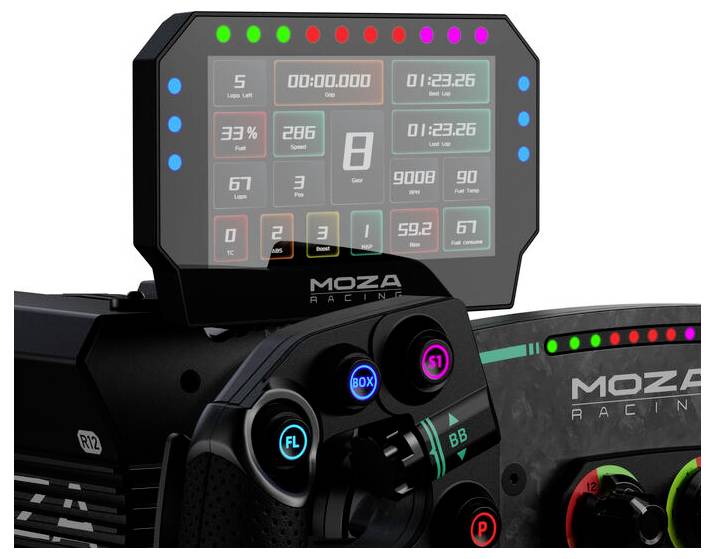 Kontroler kierownicy wyścigowej MOZA Racing z cyfrowym wyświetlaczem pokazującym telemetrię, światła RPM i wieloma podświetlanymi przyciskami