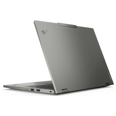 Zamknięty srebrny laptop Lenovo ThinkPad pokazany pod kątem, z częściowo otwartą pokrywą odsłaniającą klawiaturę i boczne porty.