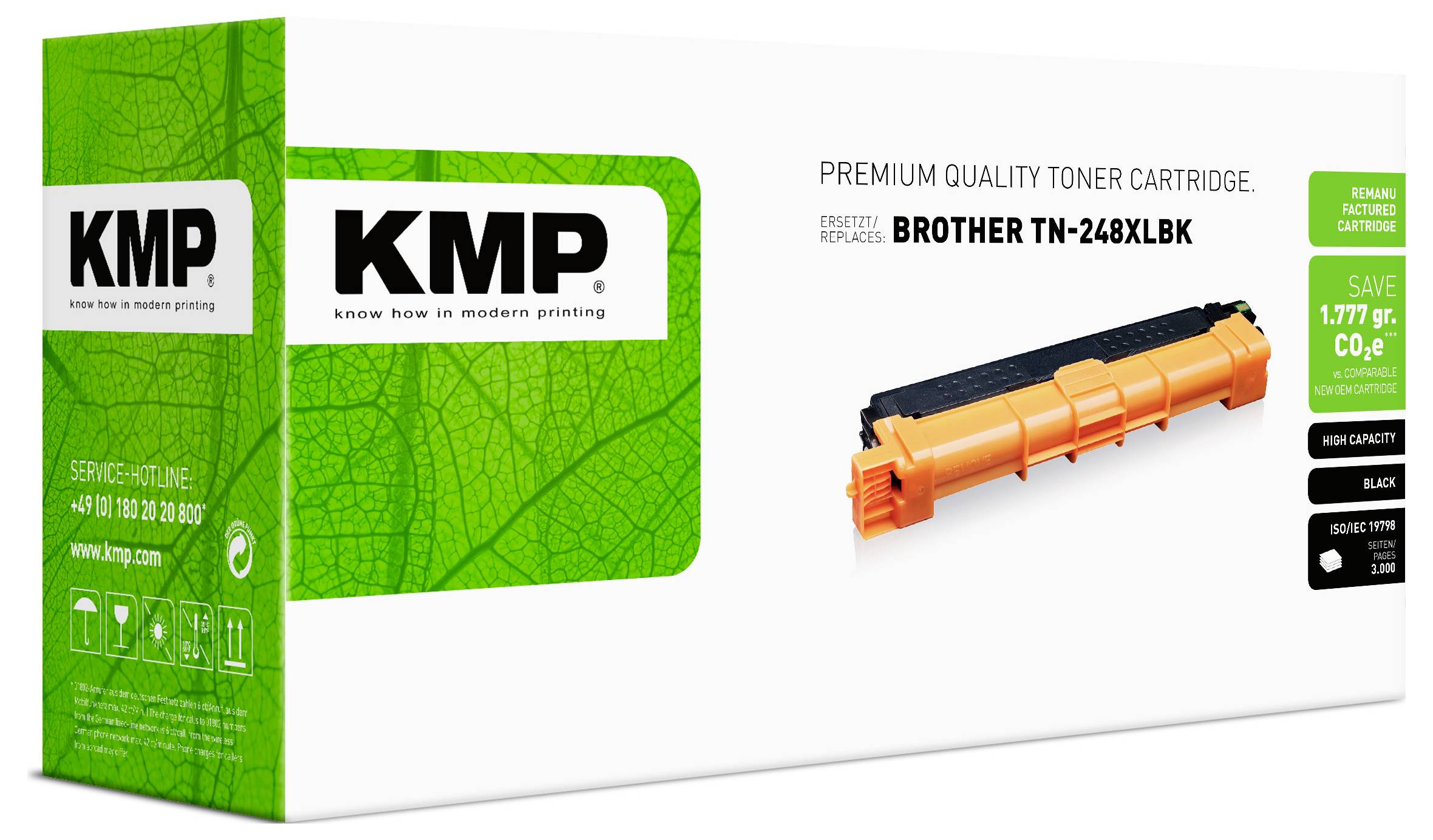 KMP wysokiej jakości toner do urządzenia Brother TN-248XLBK, widoczny na opakowaniu produktu z pomarańczowym zdjęciem kartridża i zieloną marką KMP.