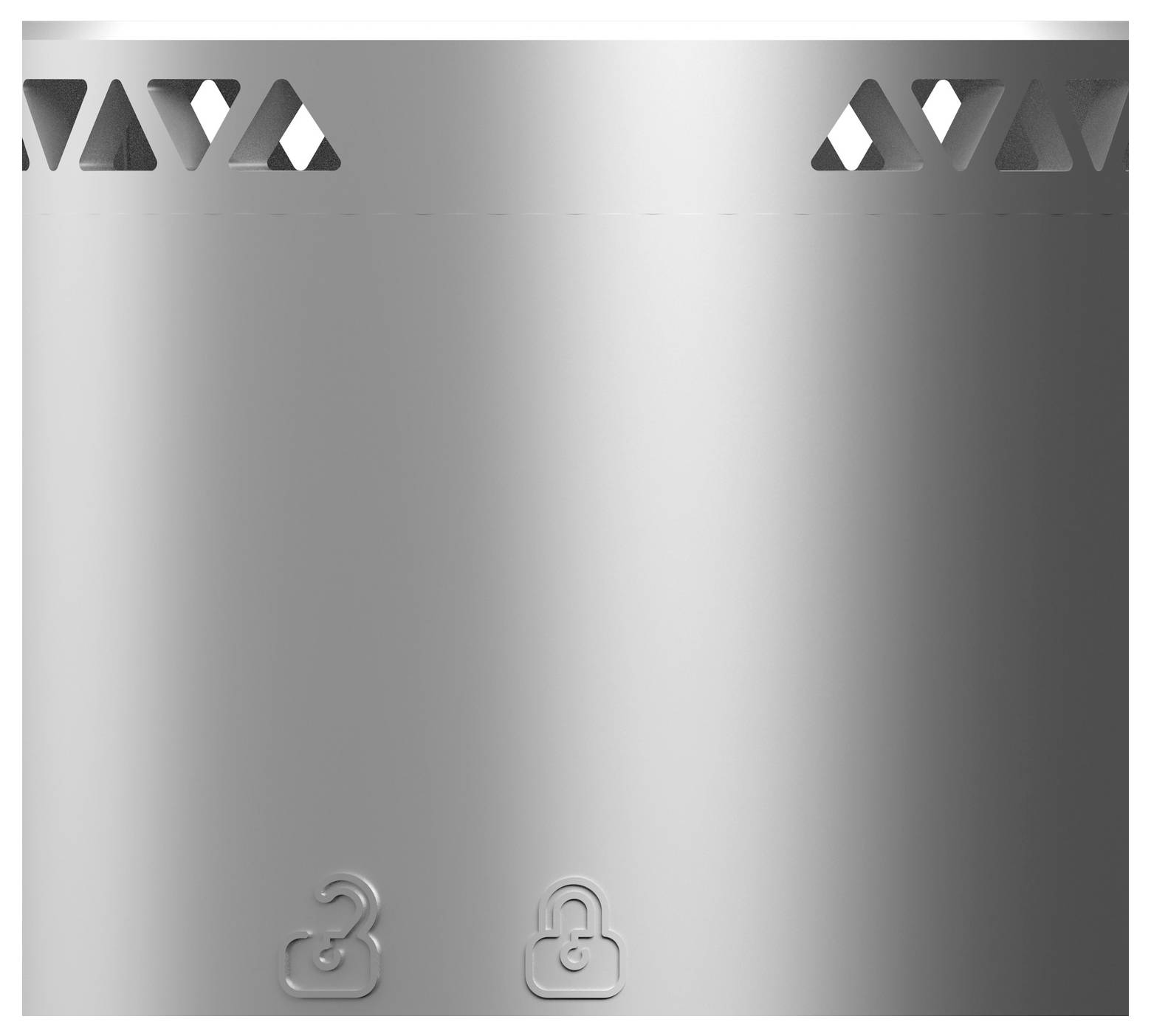 Pusty metaliczny szary panel z małymi trójkątnymi wycięciami w górnych narożnikach i dwiema wytłoczonymi ikonami u dołu: znakiem zapytania i kłódką.