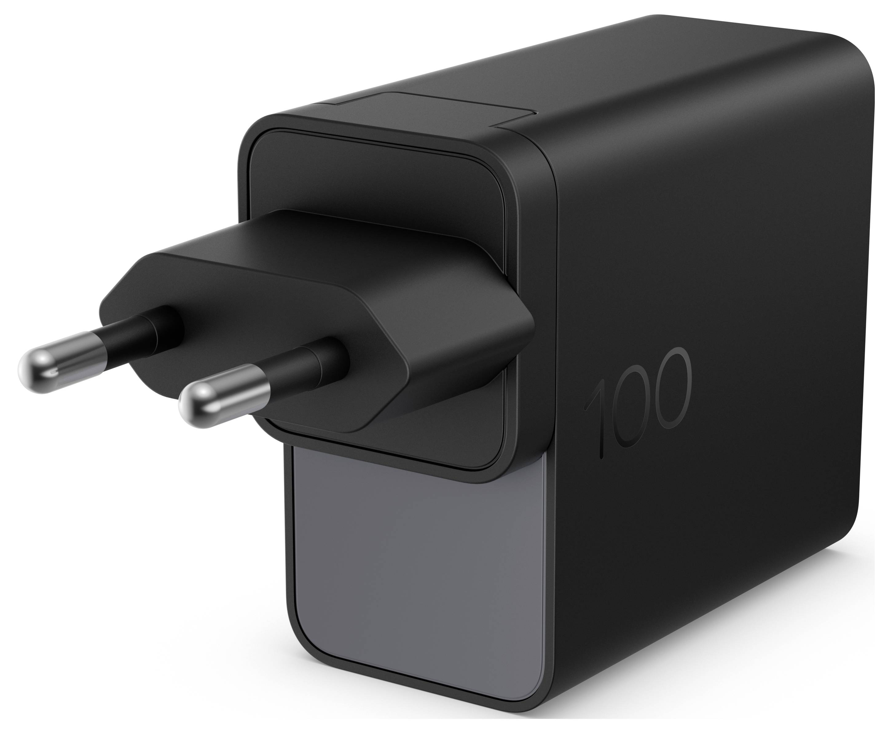 Czarny adapter ścienny z dwoma okrągłymi wtyczkami w stylu europejskim i widocznym oznaczeniem '100' na boku.