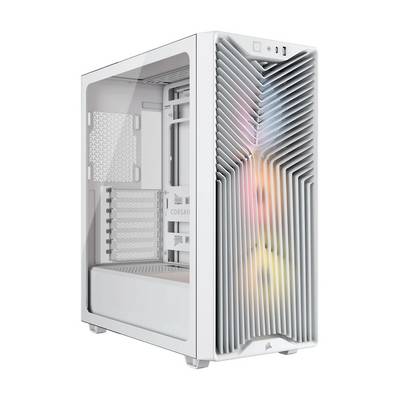 Biała wieża komputerowa Corsair z przezroczystym panelem bocznym i pionowymi żebrami przednimi oświetlonymi świecącymi wewnętrznymi wentylatorami RGB.