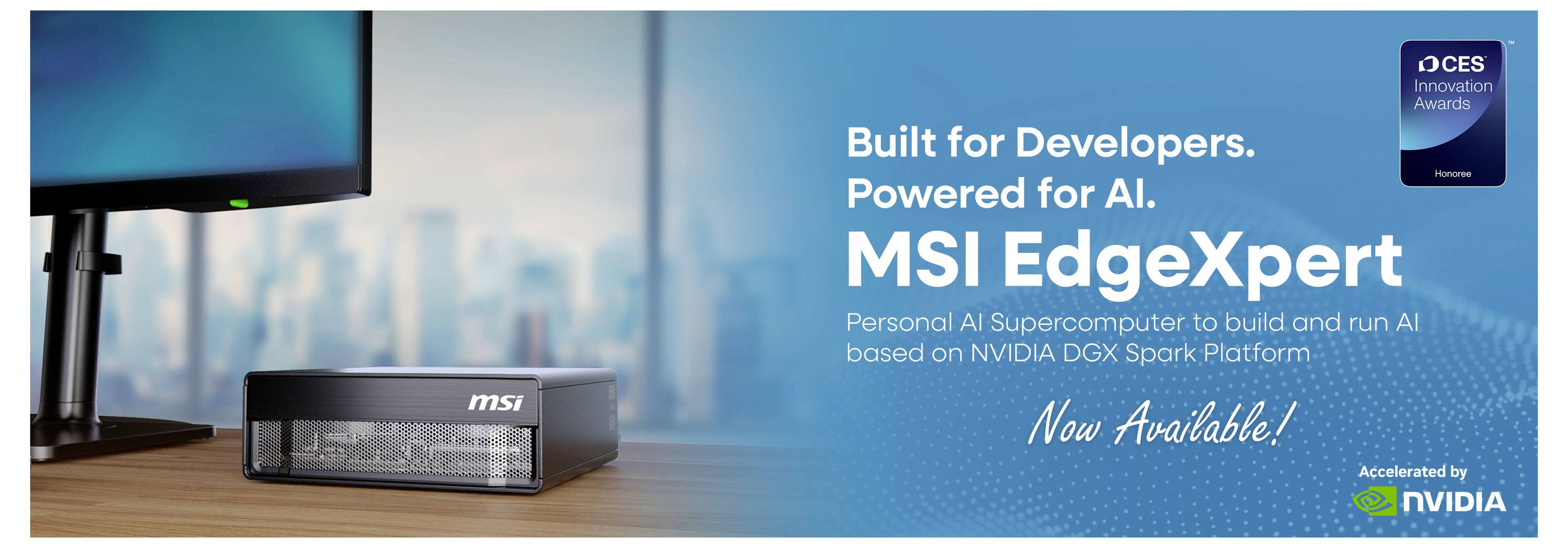 MSI EdgeXpert - superkomputer AI na biurku, z tekstem "Zbudowany dla programistów. Zasilany sztuczną inteligencją." i "Dostępny teraz!", dodatkowo logotypy NVIDIA i nagrody CES Innovation Award.