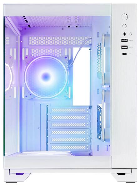 Biała wieża komputera stacjonarnego z widocznym przez boczne okno świecącym niebiesko-purpurowym wentylatorem chłodzącym RGB z przodu oraz portami USB/audio na przedniej ściance obudowy.
