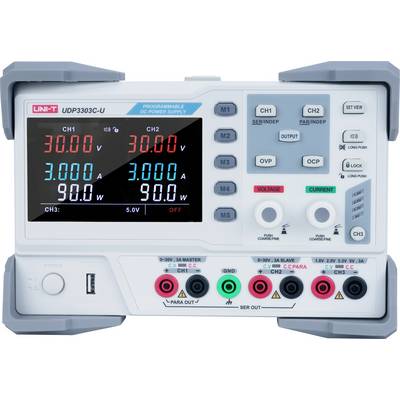 Zasilacz DC programowalny na stół roboczy z trzema kanałami, pokazujący kanały CH1 i CH2 ustawione na 30,00V i 3,00A, oraz kanał CH3 na 5,0V wyłączony.