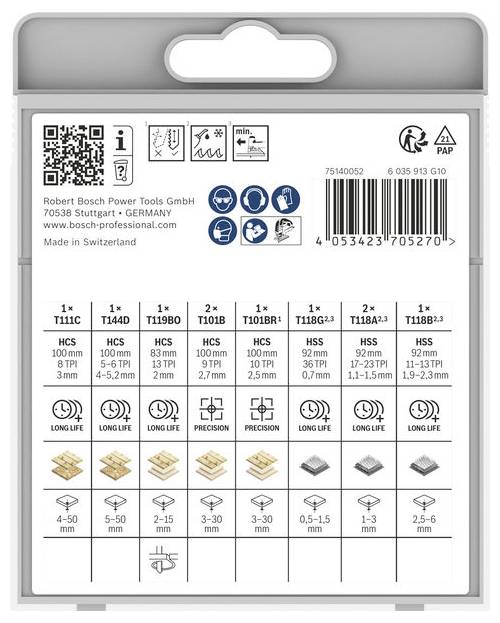 Zestaw wiertełek Bosch Professional na opakowaniu pokazujący różne typy wiertełek, rozmiary, materiały i zakresy wiercenia z kodem QR i kodem kreskowym produktu.