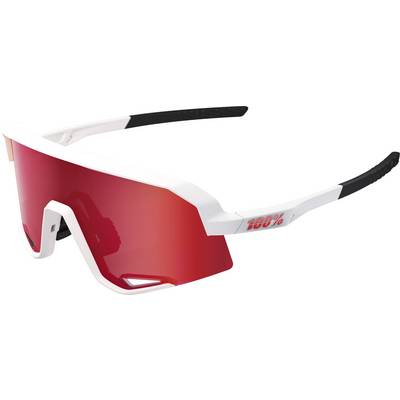 Białe i czarne okulary sportowe zawijające się z pojedynczą czerwoną lustrzaną szybą i logo '100%' na ramieniu.