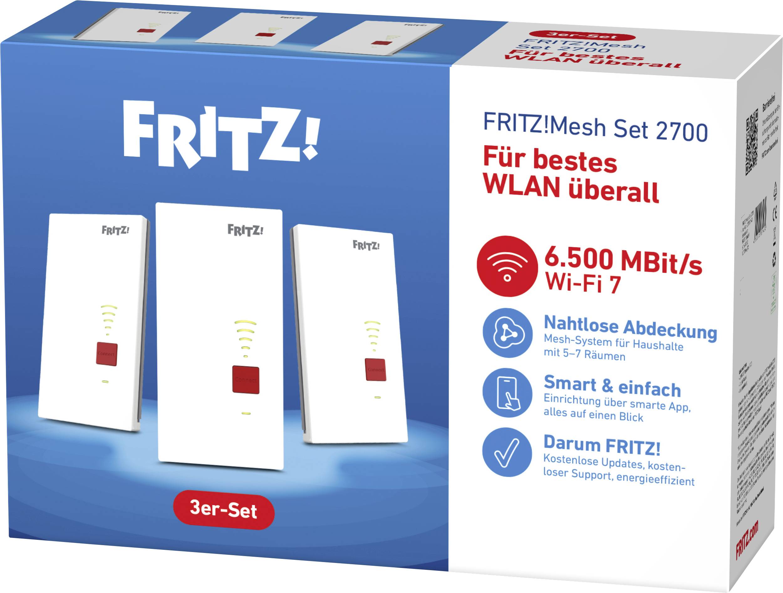 FRITZ! WiFi 7 Repeater FRITZ!Mesh Set 2700 3er-Set 20003143 WLAN, LAN 6.5 Гбит/с WiFi 7, Mesh, поддержка приложения