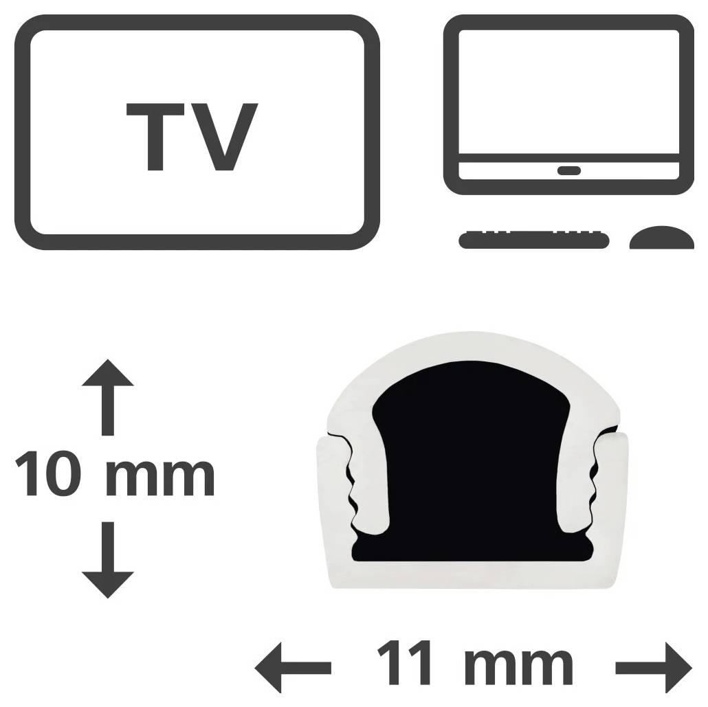 Diagram pokazujący telewizor lub monitor o wysokości 10 mm i szerokości 11 mm, ilustrujący rozmiar małego uchwytu urządzenia lub adaptera.