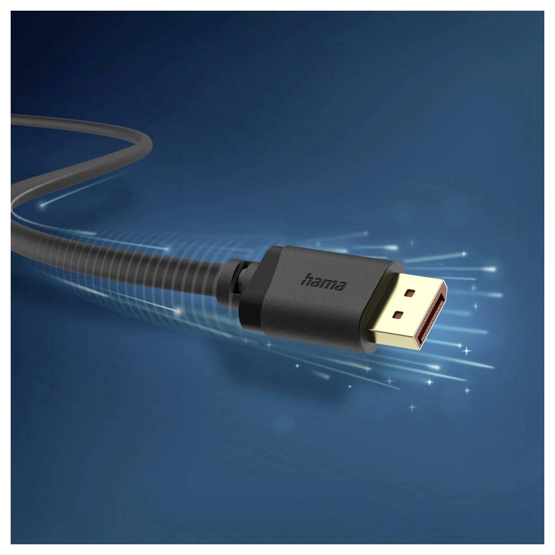 Zbliżenie czarnego kabla HDMI ze złotym złączem, marki 'hama', pokazane na tle niebieskiego dynamicznego rozmazania.