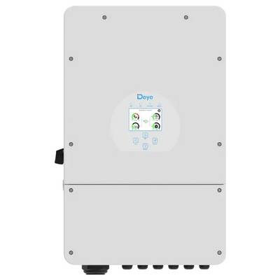 Biały zainstalowany na ścianie elektryczny panel sterowania Deye z małym centralnym wyświetlaczem i lampkami sygnalizacyjnymi, widok z przodu.
