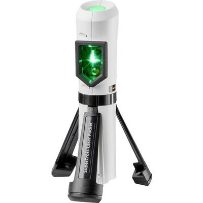 Mały białoczarny laserowy poziomnica Pocket SuperCrosslaser na statywie, pokazujący jasne zielone wiązki laserowe przez przednią szyję.