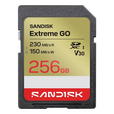 Karta SD SanDisk Extreme GO o pojemności 256 GB, z prędkościami odczytu 230 MB/s i zapisu 150 MB/s, SDXC U3 V30.