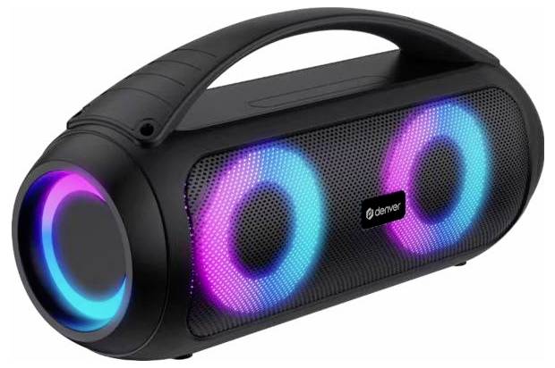 Przenośny czarny głośnik Bluetooth boombox ze świecącymi pierścieniami RGB na obu końcach i przedniej kracie