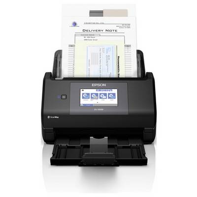 Widok z przodu skanera Epson z zasobnikiem podajnika papieru zawierającym dokument oznaczony jako „NOTA DOSTAWY" i wyświetlany na jego ekranie dotykowym.