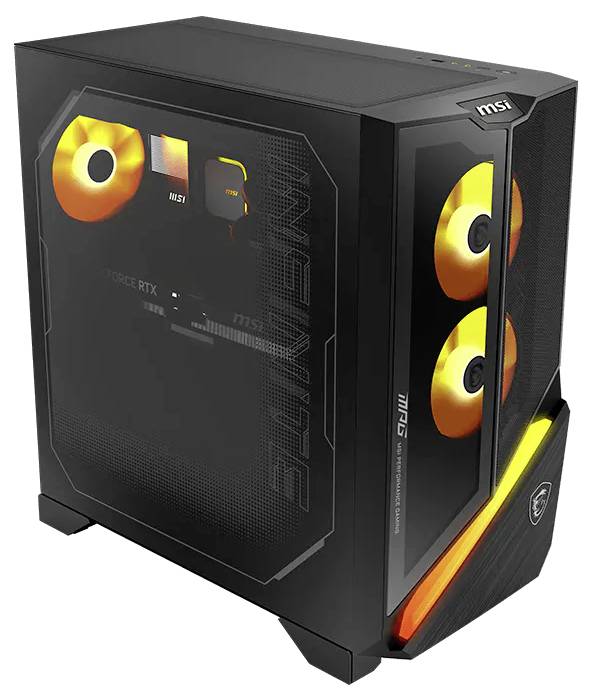 Czarna obudowa komputerowa MSI desktop tower z przezroczystym panelem bocznym, świecącymi pomarańczowo-żółtymi wentylatorami i ukośnym oświetleniem frontu.